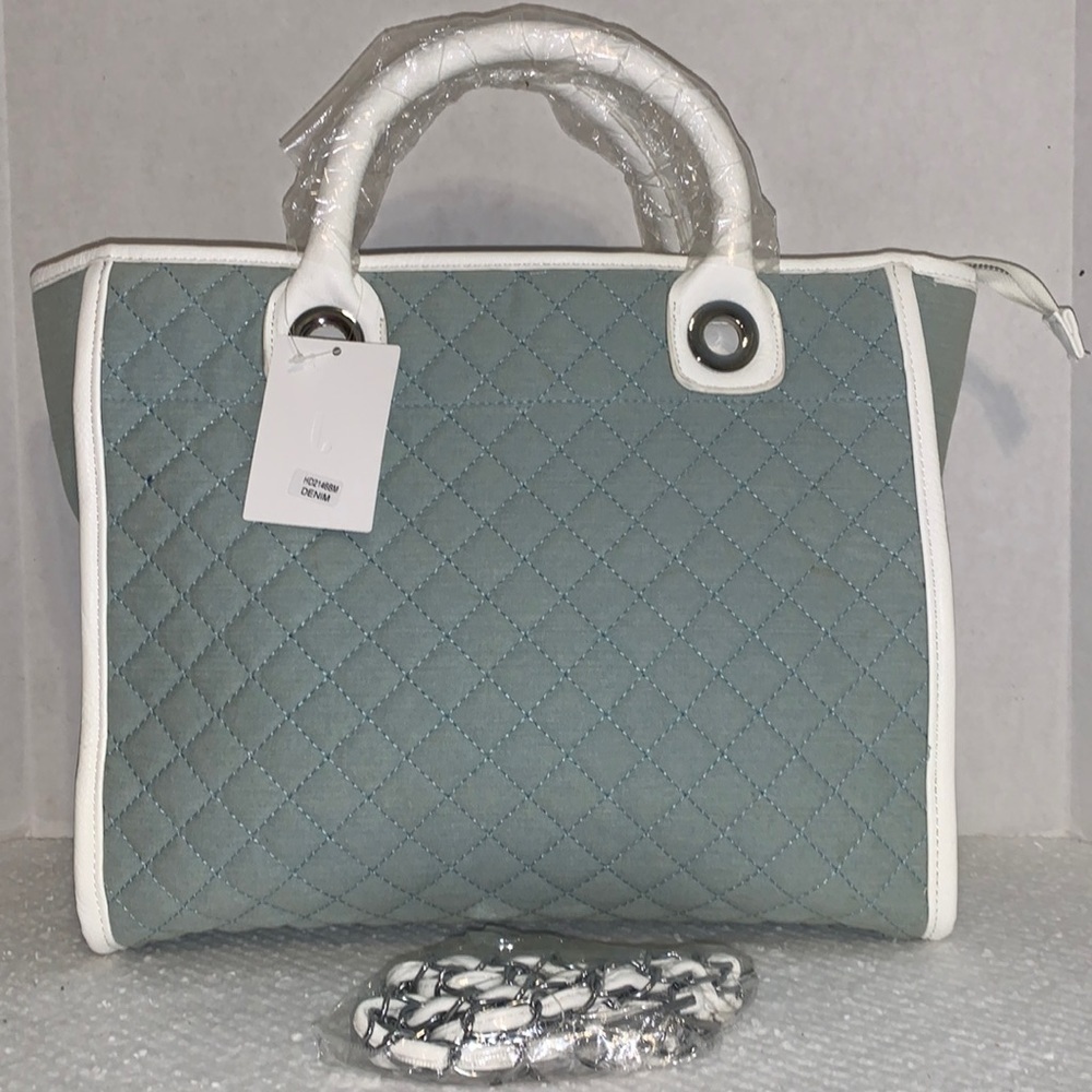 Double Handles Light Blue Denim Quilted Front Satchel Shoulder Strap Handbag